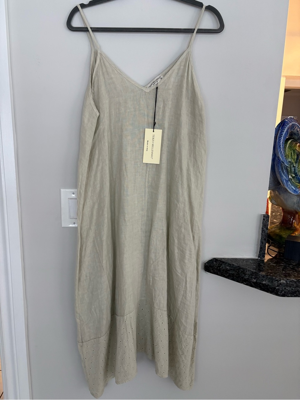 NWT Midi Linen Italian Eyelet Hem Dress - Neutral Beige with hint of green - Picture 7 of 8